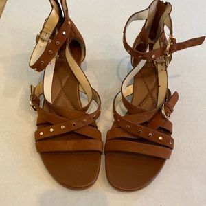 Isola brown suede strappy wedge w/ gold detail